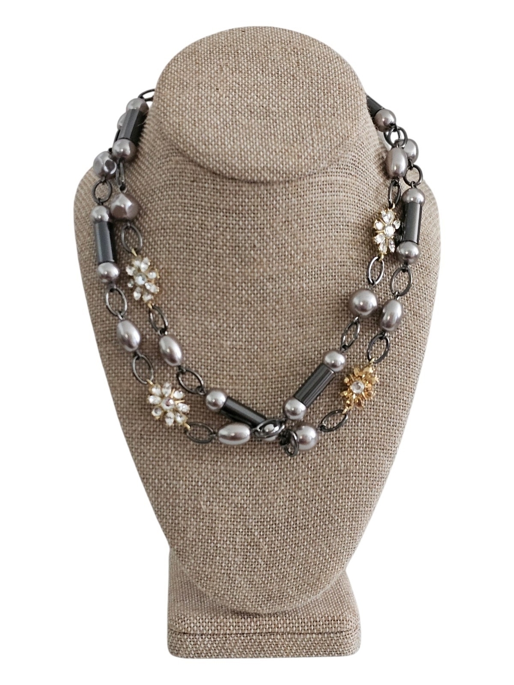 Lia Sophia Gray Simulated Pearl Crystal Floral Statement Necklace Adjustable
